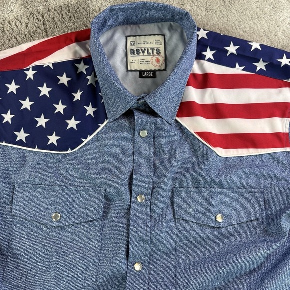 RSVLTS Kunuflex Shirt Mens Large USA Flag Western Pearl Snap Button Short Sleeve - Picture 7 of 10